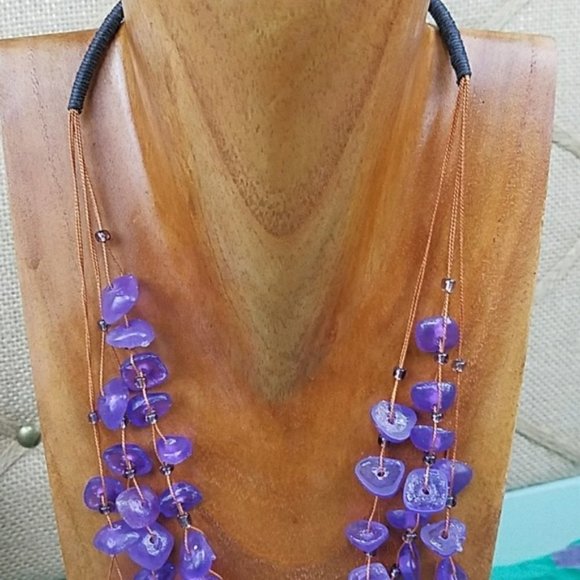 Purple Tiered Statement Necklace Layered Beads Preppy Boho Vacation Colorful - Picture 4 of 5